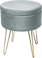 Theo&Cleo Samt Runder Hocker, Sitzhocker mit Stauraum, Fußhocker Aufbewahrungsbox, Abnehmbarer Deckel, Metallunterstützung (Helle Graublau)