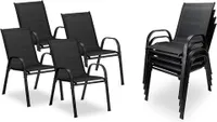 4er Set Stapelstühle schwarz – Hochlehner Gartenstühle mit Armlehnen, stapelbare Terrassenstühle aus Textilene & pulverbeschichtetem Stahl