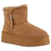 VAN HILL Damen Warm Gefütterte Winter Boots Bequeme Zipper Plateau Schuhe 840870, Farbe: Hellbraun, Größe: 39