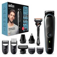 Braun Multi-Grooming-Kit 5, 9-w-1 trymer do brody i maszynka do strzyżenia włosów / maszynka do strzyżenia włosów do usuwania włosów dla mężczyzn, do włosów na twarzy, głowie i ciele, 7 nasadek, prezent dla mężczyzny, MGK5380, czarny/niebieski