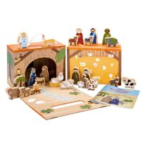 Spielkrippe mit Holzfiguren f Kinder im Koffer mit Weihnachts-Geschichte 26-tlg 