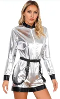 Silberner Damen Astronauten Jumpsuit – Kostüm in Größe M für Halloween und Mottopartys – Raumfahrer Langarm-Bodysuit in Metallic-Optik
