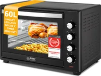 TZS First Austria - Minibackofen 60L 2000W - Mini Backofen Pizzaofen Temperaturregelung bis 230°C & 6 Modi - Geräumiger Miniofen mit 60 Min. Timer, 4 Einschubhöhen, Backblech, Grillrost & Drehspieß