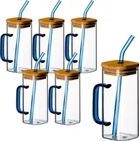 gouveo 6er Set Trinkgläser 350 ml blau mit Henkel, Deckel und Strohhalm - Cocktailgläser aus Borosilikatglas - Glasbecher für Kalt- und Heißgetränke