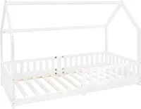 ML-Design Kinderbett 90x200 cm mit Rausfallschutz, Dach und Lattenrost, Weiß, Hausbett aus massivem Kiefernholz