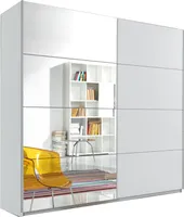 Furniture24 Schwebetürenschrank Berta 57, Schrank, Kleiderschrank, 2 Türiger Schlafzimmerschrank mit Spiegel, Kleiderstange und 6 Einlegeboden Weiß, , 200 cm breit