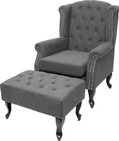 Křeslo Chesterfield, Relaxační křeslo Klubové křeslo Křeslo Wing Armchair, vodoodpudivá tkanina/textil  tmavě šedá s otomanem