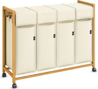 AdelDream Wäschekorb Kleidersortierer, auf Rollen 4 Fächer Wäschewagen mit abnehmbaren Taschen Kleidersammler Bambus 200L Beige