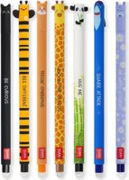 Legami Set mit 7 radierbaren Gelstiften mit thermoempfindlicher Radiertinte, verschiedene Tintenfarben und Schaftdesigns, 0,7 mm Spitze, Designs: Katze, Biene, Corgi, Giraffe, Panda, Hai, Nilpferd