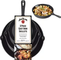 Jim Beam BBQ Bratpfanne Steakpfanne Set Gusseisen - Grillpfanne mit Ausguss Rund Set 3 tlg.
