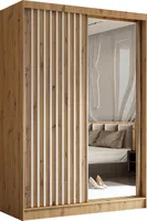 Masseno Schiebetürenschrank LAMELLO 150 cm Kleiderschrank Schlafzimmer Schrank 2-türig mit Spiegel und Lamellen Eiche Artisan