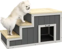 PawHut 2-in-1 Hundetreppe, Katzentreppe mit Höhle, Haustiertreppe mit 3 Stufen, Haustierrampe aus Holz, Katenleiter bis 30 kg Belastbar, für Sofa, Bett, Natur, Grau