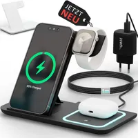 3in1 Ladestation Wireless Charger für iPhone Apple Watch AirPods Kabelloses Ladegerät Dockingstation Induktiv: Ladestation + Ladegerät - Schwarz