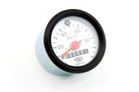 Tachometer mit Beleuchtung und Blinkkontrollleuchte grün - Durchmesser 60 mm - 100 km/h - roter Zeiger, weißes Ziffernblatt mit Logo, schwarzer Ring