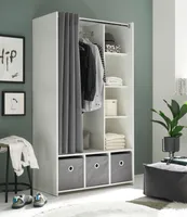 Jenke Kleiderschrank mit Vorhang 100 cm mit Aufgewahrungsboxen Weiß / Grau