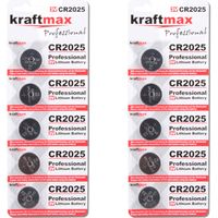 Kraftmax 10er Pack CR2025 Lithium Hochleistungs- Batterie / 3V CR 2025 Knopfzelle für professionelle Anwendungen - Neuste Generation