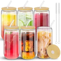 6er Set Trinkgläser mit Deckel und Trinkhalme aus Glas 550ml, Longdrinkgläser, Dosenförmige Glasbecher