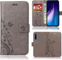Handy Tasche für Xiaomi Redmi Note 8 Schutz Hülle Handyhülle mit Blumenmuster Klapp Hülle mit Standfunktion und Kartenfächer Grau