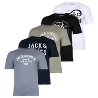 JACK&JONES Herren T-Shirt, 5er Pack - JJLEOGRA TEE CREW NECK, Kurzarm, Rundhals, Baumwolle, Logo-Print Schwarz/Weiß/Blau/Grün XL