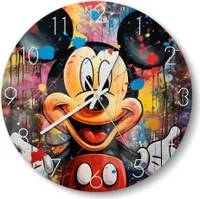DEQOART Glasuhr Ø30 cm Zahlen 'Mickey im Farbenzauber' Wanduhr Glas Uhr Design leise Küchenuhr