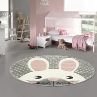 Kinderteppich Spielteppich Teppich Kinderzimmer Babyteppich Hase in Rosa Weiss Grau Größe - 120 cm Rund