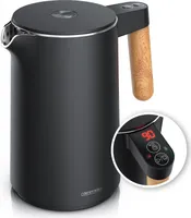 Arendo Wasserkocher Edelstahl 1,5L , Doppelwand, Temperatureinstellung 40° - 100°C mit Anzeige, 2200W, Warmhaltefunktion, Griff in Holzoptik, BPA-frei
