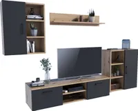 MATKAM Wohnwand Dedal 4-teilig aus laminierte Platte 18 mm, 1 Hängeschrank H 75 x B 60 x T 23 cm, Fernsehschrank H 35 x B 140 x T 40 cm, Kommode H 80 x B 70 x T 30 cm, Hängeregal H 20 x B 100 x T 20 cm (Artisan Eiche-Schwarz)