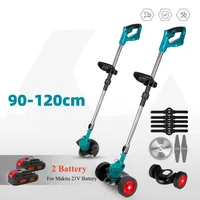 Akku-Rasentrimmer mit 2 Batterie,Freischneider, Motorsense, mit Akku und Ladegerät, Teleskop-Stiel & Zusatzhandgriff,Mit Rädern schiebbar