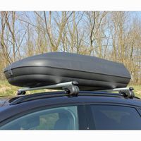 VDP Dachbox schwarz Juxt 600 großer Dachkoffer 600 Liter abschließbar Relingträger Dachgepäckträger Quick offene Reling im Set kompatibel mit VW Touran ab 2015 