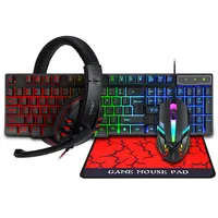 T-WOLF TF800 Čtyřdílný set herní klávesnice s náhlavní soupravou a podložky pod myš, 104 kláves RGB, 4barevná myš s dýchacím světlem, 3,5mm náhlavní souprava, podložka pod myš