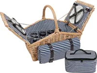 Woma Picknickkorb 21 tlg. mit Geschirr - 46 x 32 cm - Weide Tragekorb mit Kühltasche und Decke - Weidekorb Holzkorb geflochtener Korb mit Kühlfach und Picknickdecke