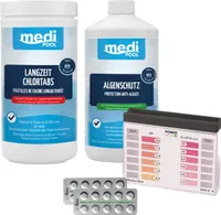 mediPOOL 3 in 1 Wasserpflege-Set mit POWERHAUS24 Pooltester mit 40 Reagenzien (20 DPD1 und 20 Phenol Red), Langzeit ChlorTabs 1 kg und Algenschutz 1 L