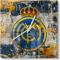 DEQORI Glasuhr 30x30 cm Zahlen 'Wappen Real Madrid' Wanduhr Glas Uhr Design leise Küchenuhr