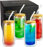 Creano doppelwandiges Trinkglas mit Bambusdeckel & Strohhalm 360ml - Smoothie Becher - Bubble Tea - Cocktailglas - 4er Set