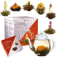 Creano Teeblumen Mix - Geschenkset ErblühTee mit Glaskanne 500ml Weißtee & Schwarztee mit 6 Teekugeln je 3x weißer & schwarzer Tee, Geschenk für Frauen, Mutter, Teeliebhaber