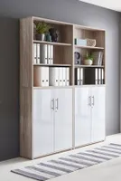 Aktenschrank TABOR 11 in Eiche Sonoma / weiß Hochglanz, Schrankwand, Büroschrank, abschließbar, Metallgriffe