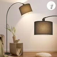 MULISOFT Dimmbar Bogenlampe, Standleuchte Vintage mit 12W LED-Lichtquelle E27, schwarzem Stoffschirm, Marmorfuß, Fußschalter, 148-183cm Höhenverstellbar, Stehlampe für Wohnzimmer Schlafzimmer