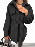 Damen Eleganter Langarm Mantel, Unifarbener Wollmix Shacket mit Reverskragen, Knopfleiste und Taillengürtel, Schwarz