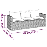 vidaXL Gartensofa 3-Sitzer mit Kissen Grau Poly Rattan