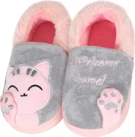 ASKSA Maedchen Jungen Pluesch Baumwolle Hausschuhe Kinder Winter Warme Gefuettert weiche Pantoffeln mit Cartoon Katze rutschfeste Slippers Hause Indoor, Grau, Groesse: 18/19 EU