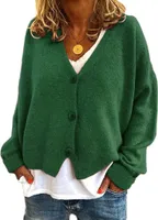 ASKSA Damen Strickpulli Lose Lässige Strickjacken V-Ausschnitt Einfarbig Knopf Strickjacke Pullover, Dunkelgrün, M