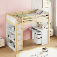 Hochbett mit Lattenrost, Rausfallschutz, Schreibtisch und Regal, 90x200 cm, Jugendbett, Einzelbett, Kinderbett