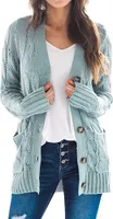 ASKSA Damen Strickjacke Strickpulli Langarm mit Taschen Knopf Pullover Casual Einfarbig Strickmantel, Grün, XL