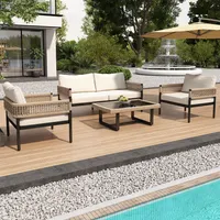 Merax Gartenlounge-Set für 4 Personen, 4-tlg. Gartenmöbel Set mit Eisenrahmen, Rope Lounge Balkonset Terassenmöbel mit Tisch und Kissen, Beige