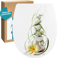 Calmwaters® WC Sitz mit Absenkautomatik Wellness-Motiv Plumeria, Thermoplast Toilettendeckel, abnehmbar, Top-Fix, universale O-Form, ovaler Toilettensitz, Komfort Klodeckel, Wellness-Nachbildung, 26LP5005