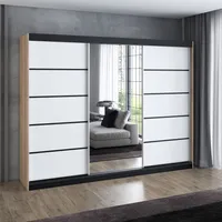 Schwebetürenschrank, 3-türig Schrank 200 cm mit 4 Schubladen, und Spiegel, Retrostil  Premum! Moderne Garderobe für Kleidung. Verschiedene Farben (Weiß, Schwarz, Somona) Kleiderschrank VILANO 4