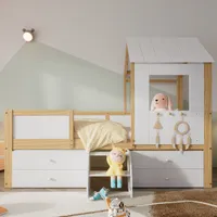 Merax Kinderbett 90x200cm mit Leiter und 4 Schubladen, Hochbett mit Rausfallschutz, Dach und Fenster, Kieferholzbett Jugendbett Kinderhaus Weiß/Natur