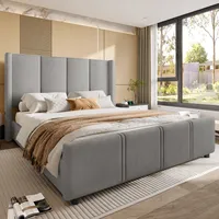 LVHOM Polsterbett 160x200cm mit USB und hohen Kopfteil, Mid Century Doppelbett mit Lattenrost, Jugenbett mit Metallrahmen, Bettgestell Samt, Grau LVHOM Polsterbett 160x200cm mit USB und hohen Kopfteil, Mid Century Doppelbett mit Lattenrost, Jugenbett mit Metallrahmen, Bettgestell Samt, Grau