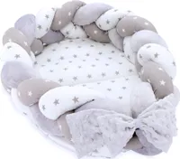 Babynest 75x45 cm Plüschstoff Sterne Kuschelnest Nestchen Baby Babybett zweiseitiges zerlegbares Set mit geflochtenem Zopfkissen für Neugeborene Babynestchen