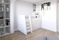 Marlux-Meble Hochbett JSM-1 80x190 TREPPE Links 129 cm Hoch mit Kleiderschrank Schreibtisch Schränke Hochglanz Funktionsbett Etagenbett Stockbett Kinderhochbett Jugendhochbett (Weiß Glanz)